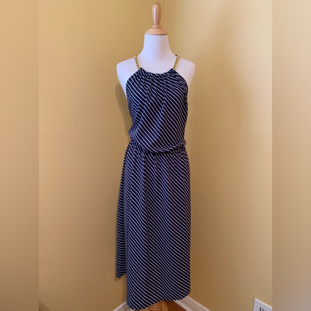 Michael Kors sleeveless midi dress blue and white stripes